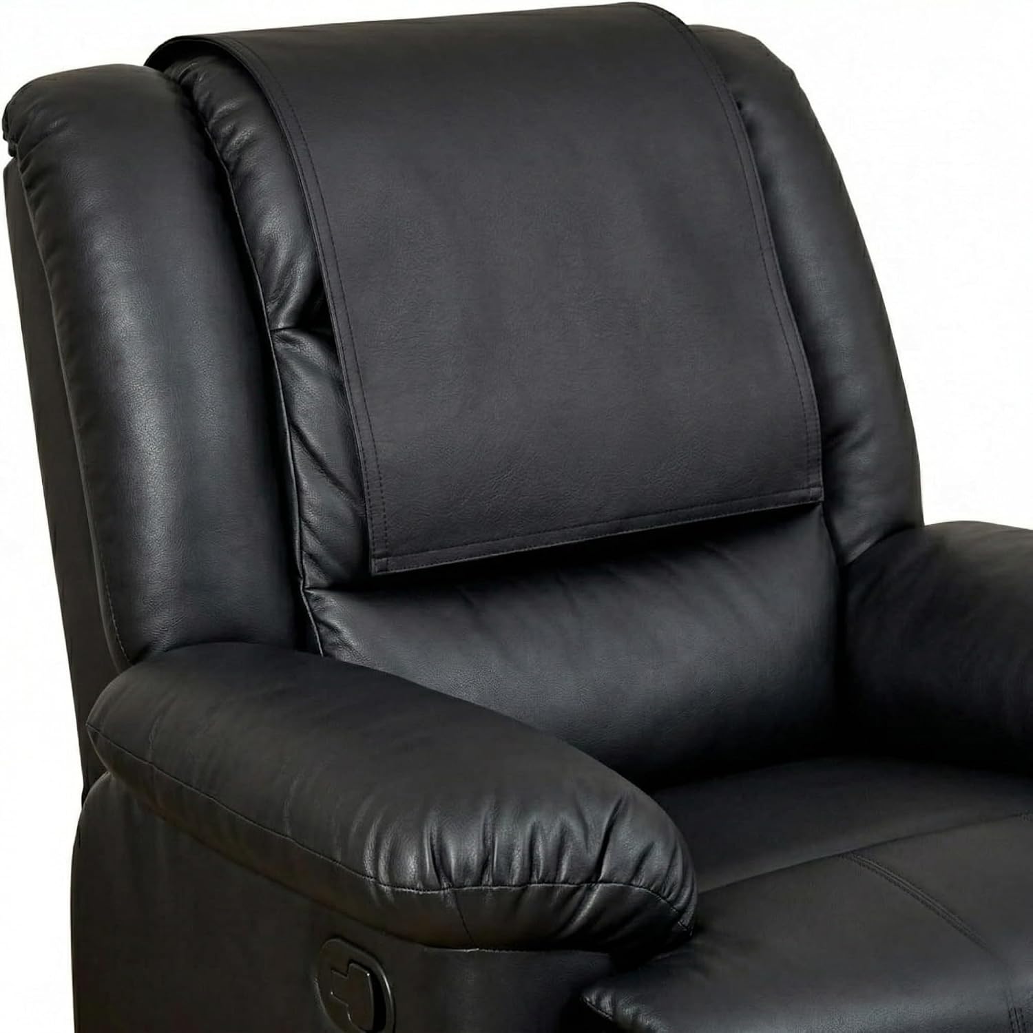 Black faux leather recliner chair with a matching padded headrest cover, shown against a plain white background.