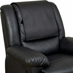 Black faux leather recliner chair with a matching padded headrest cover, shown against a plain white background.