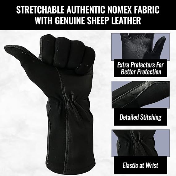 Black glove with text highlighting features on a white background