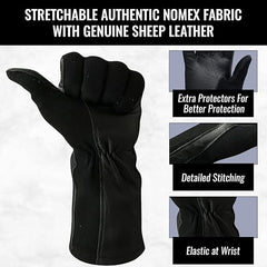 Black glove with text highlighting features on a white background