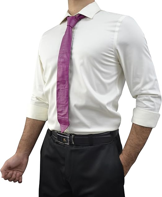 A man wearing a white long-sleeve dress shirt, a purple necktie, and black dress pants, shown from the neck down against a plain white background.