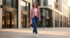 A woman walking outdoors on a city street wearing a pink leather jacket, white top, blue jeans, and white ankle boots, with a small brown handbag.