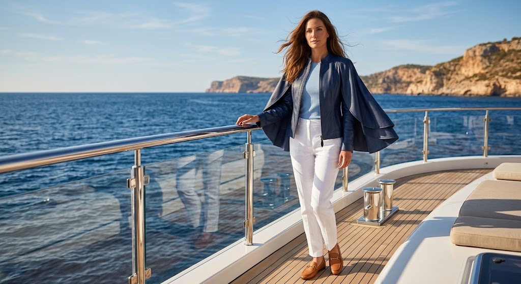 A woman stands on the deck of a yacht by the ocean, wearing a navy blue open-front jacket, white top and trousers, and brown boots. The background shows the blue sea, distant cliffs, and sky.