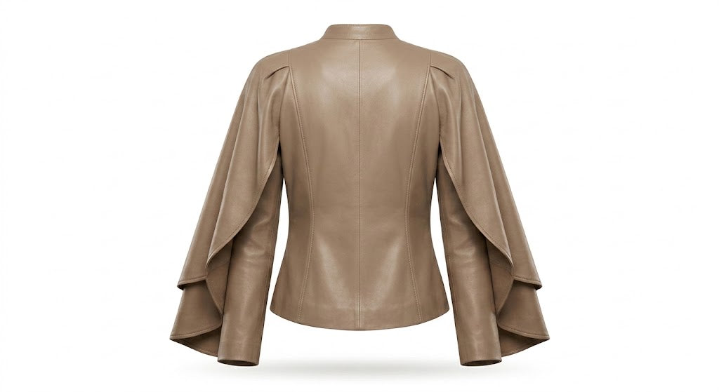 A taupe brown faux leather jacket with dramatic draped sleeves, shown from the back on a white background.