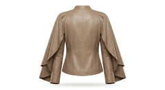 A taupe brown faux leather jacket with dramatic draped sleeves, shown from the back on a white background.