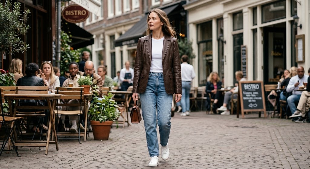 A woman walking down a cobblestone street wearing a brown leather jacket, white t-shirt, blue jeans, and white sneakers, with outdoor cafe seating and restaurant storefronts in the background.