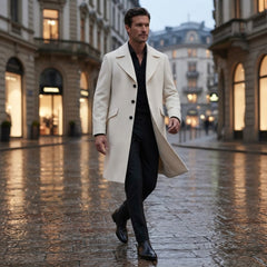 Men’s White Wool Trench Coat with Half-Belted Back