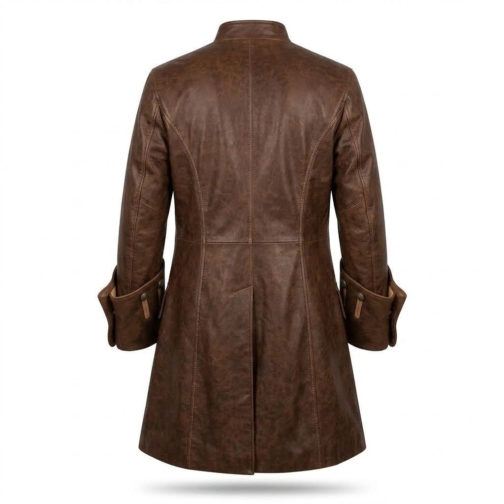 A brown leather coat shown from the back, featuring a high collar, long sleeves with turned-up cuffs, and a straight, mid-length silhouette on a white background.
