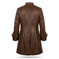 A brown leather coat shown from the back, featuring a high collar, long sleeves with turned-up cuffs, and a straight, mid-length silhouette on a white background.