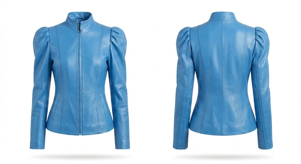 A bright blue leather jacket shown from both the front and back views, featuring a mock neck, front zipper, and puffed long sleeves, set against a plain white background.