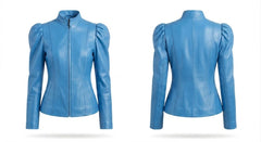 A bright blue leather jacket shown from both the front and back views, featuring a mock neck, front zipper, and puffed long sleeves, set against a plain white background.