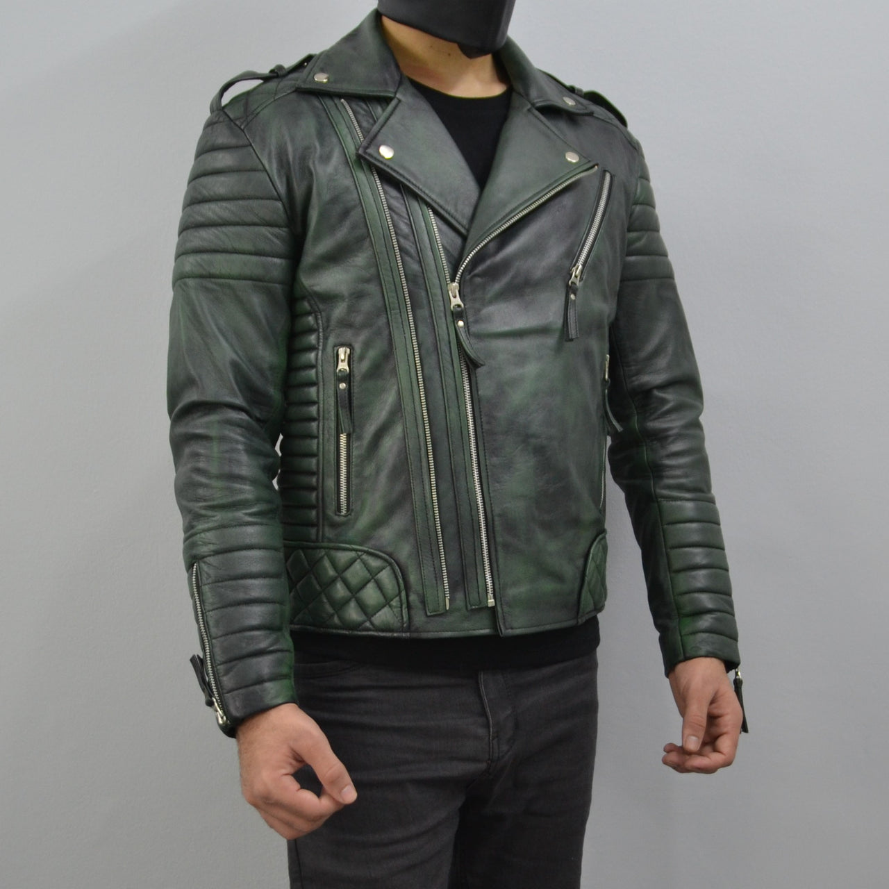 Men's Brando Burnt Green Motorcycle Genuine Leather Biker Jacket