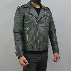 Men's Brando Camo Green Motorcycle Geniune Leather Biker Jacket