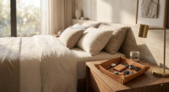 A warm, modern bedroom scene with a neatly made bed in beige linens, a wooden nightstand, a brass floor lamp, and a small leather tray holding sunglasses and a wallet. No person is visible, but the real interior environment makes this Lifestyle rather than Product/Packaging.