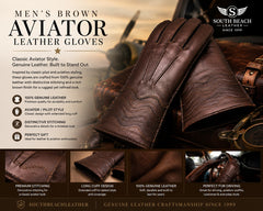 South Beach Leather Men's Brown Aviator Leather Gloves advertisement showing a pair of brown leather aviator gloves, with product details, features, and multiple close-up inset images on a dark brown background.