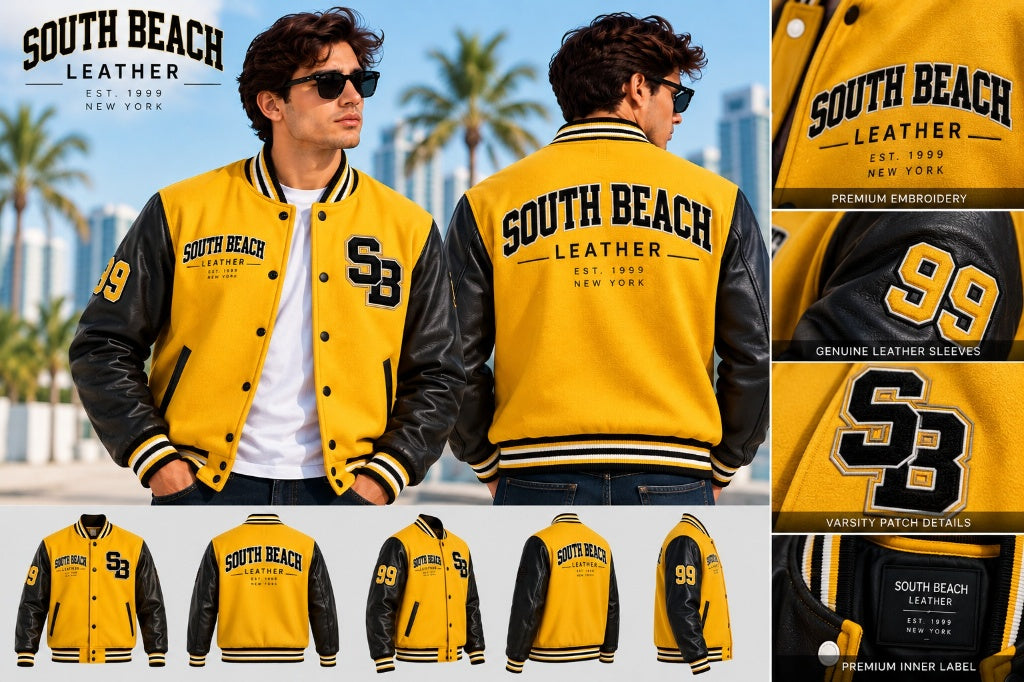A promotional collage for a varsity-style jacket. The main view shows a man wearing the jacket in front and back, with close-up inset panels on the right detailing the yellow leather-look body, black sleeves, black lettering, and a black-and-white embroidered 'SB' logo.