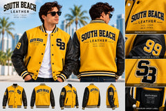 A promotional collage for a varsity-style jacket. The main view shows a man wearing the jacket in front and back, with close-up inset panels on the right detailing the yellow leather-look body, black sleeves, black lettering, and a black-and-white embroidered 'SB' logo.