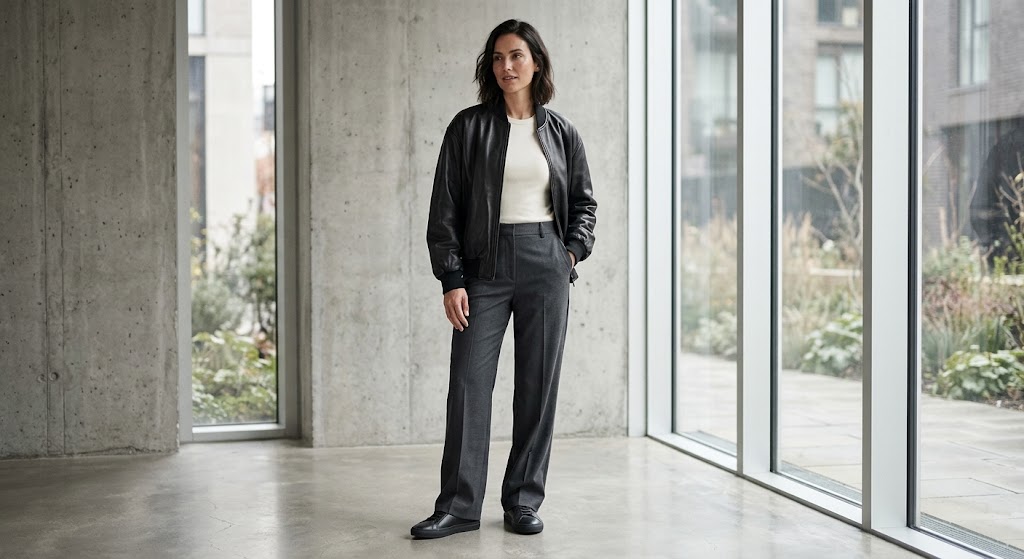 A woman stands in a minimalist concrete building interior wearing a black leather jacket, white top, and dark gray wide-leg trousers.