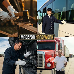 A four-panel collage celebrating hard work and craftsmanship, featuring a close-up of gloved hands using a wood-burning tool, a bus driver in uniform standing by a white bus, a mechanic working under a red semi-truck engine, and a man standing in front of the truck. A central text banner reads 'MADE FOR HARD WORK'.