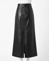 A black leather midi skirt displayed on a white mannequin against a plain white background.
