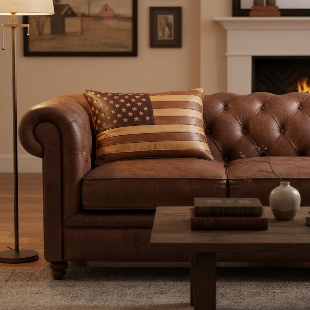 A rectangular leather throw pillow with an American flag design featuring tan and brown leather stripes and a dark brown star field, styled on a bed with a dark gray pillow and a tufted headboard.