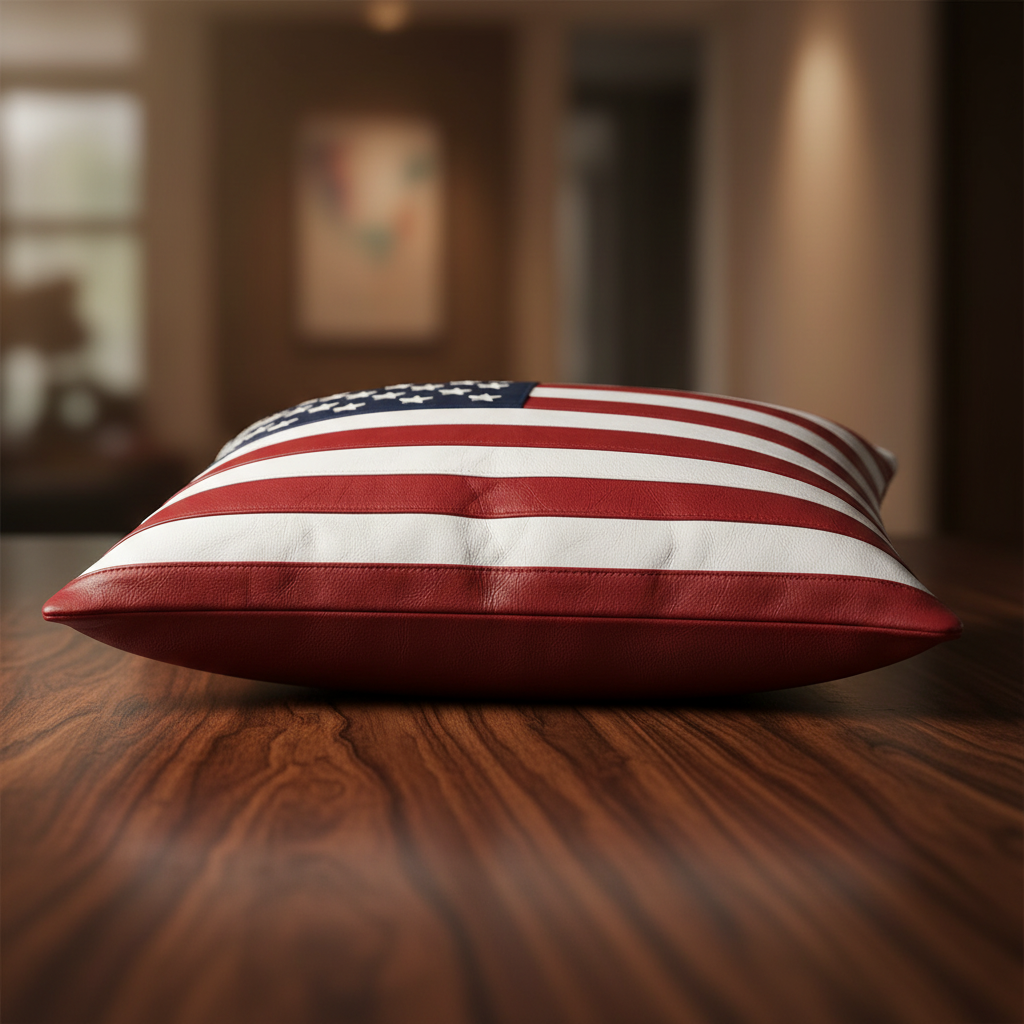 A square throw pillow featuring an American flag pattern with red and white stripes and a navy blue star field, resting on a dark wood table in a softly blurred indoor setting.