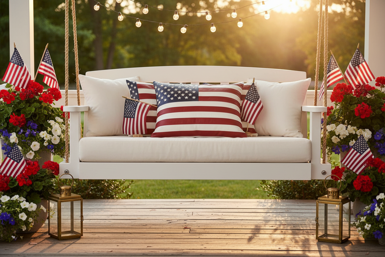 A white porch swing chair with patriotic red, white, and blue throw pillows, set on a wooden deck with American flags, flower arrangements, and string lights in the background.