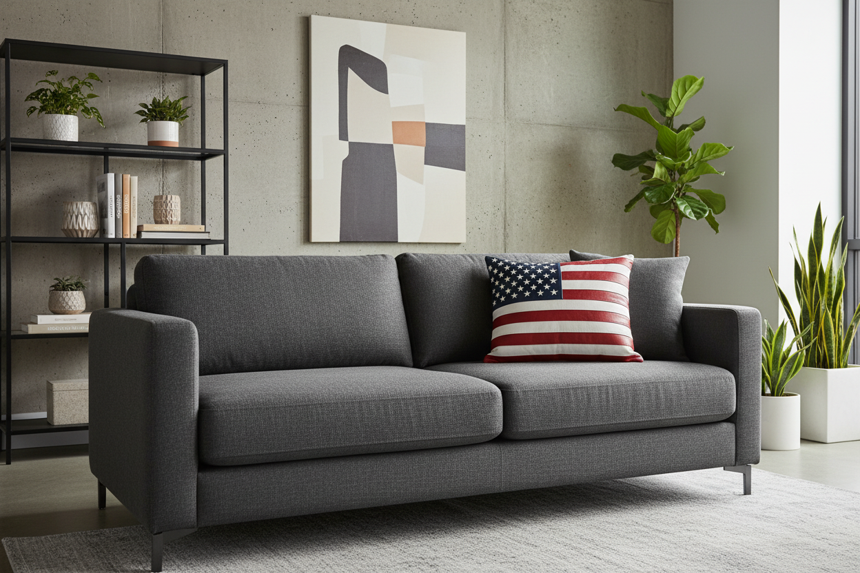 A modern gray fabric sofa in a styled living room setting, featuring a decorative throw pillow with an American flag pattern, set against a concrete wall with abstract art and potted plants.