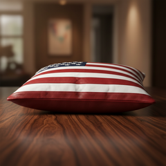 A square throw pillow featuring an American flag pattern with red and white stripes and a navy blue star field, resting on a dark wood table in a softly blurred indoor setting.