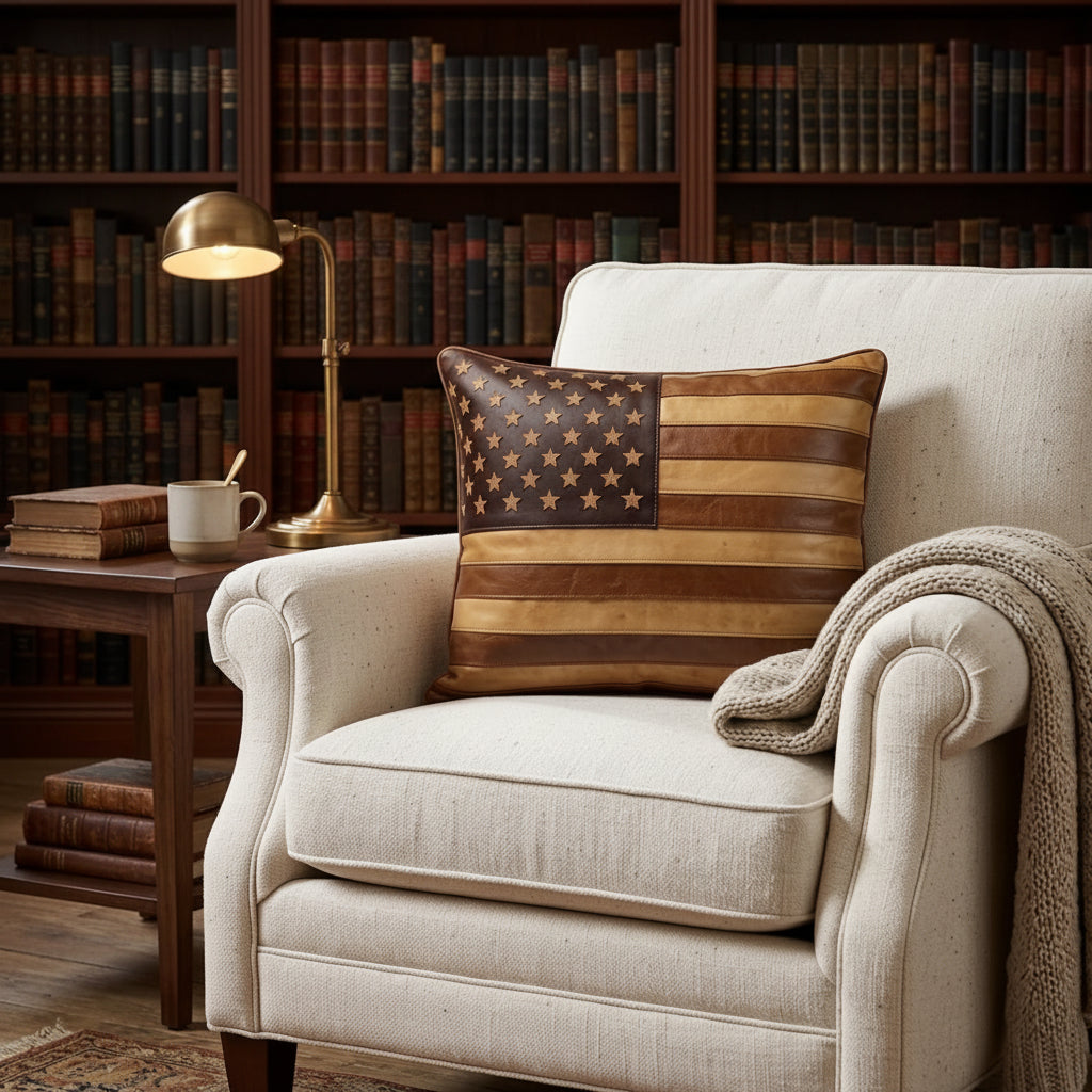 A decorative square throw pillow with a rustic American flag design made from wood grain panels, resting on a cream upholstered armchair in a cozy living room setting.