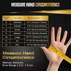 A measurement chart graphic for glove circumference, showing a hand with a yellow measuring tape around it and a size table listing US sizes 6 through 12 with corresponding measurements. The text reads 'MEASURE HAND CIRCUMFERENCE' and 'Measure Hand Circumference'.