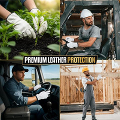 A four-panel collage showing workers in different environments wearing white leather gloves: planting a small tree, sitting in a forklift, driving a truck, and standing on a construction site. A central text banner reads 'PREMIUM LEATHER PROTECTION'.