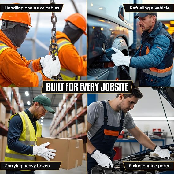 A four-panel promotional collage showing workers at a jobsite: handling chains or cables, refueling a vehicle, carrying a box, and fixing engine parts. Large text reads “BUILT FOR EVERY JOBSITE.