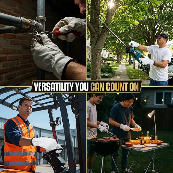 A 4-panel collage showing a man in work gloves using a cordless hedge trimmer, welding metal pipes, operating a forklift, and grilling outdoors. A central text banner reads 'VERSATILITY YOU CAN COUNT ON'.