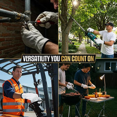 A 4-panel collage showing a man in work gloves using a cordless hedge trimmer, welding metal pipes, operating a forklift, and grilling outdoors. A central text banner reads 'VERSATILITY YOU CAN COUNT ON'.
