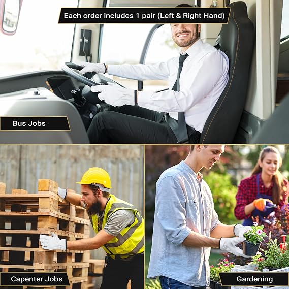 Three-panel collage showing white work gloves used in different jobs: a man driving a bus, a worker stacking wooden pallets, and a man gardening while a woman plants flowers. Text overlays read 'Each order includes 1 pair (Left & Right Hand)', 'Bus Jobs', 'Capenter Jobs', and 'Gardening'.