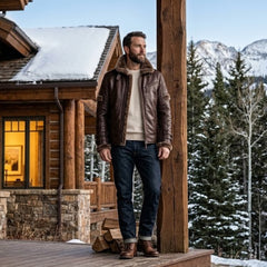 Men’s Brown Genuine Leather Jacket with Fur Collar – Aviator Style