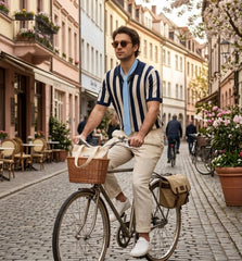 A man riding a vintage bicycle down a cobblestone street lined with colorful European buildings. He is wearing a navy and white vertically striped short-sleeve polo shirt with a light blue collar, beige trousers, white sneakers, and sunglasses.