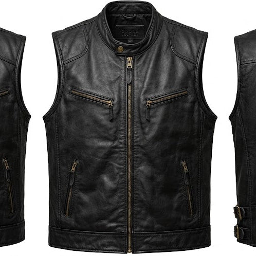 Men’s Genuine Leather Motorcycle Vest – Classic Biker Style