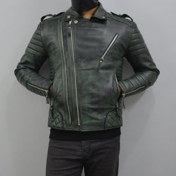 Men's Brando Burnt Green Motorcycle Genuine Leather Biker Jacket