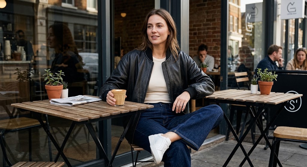 A woman sits at an outdoor cafe table wearing a black leather jacket, cream top, blue jeans, and white sneakers, holding a coffee cup.