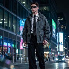 A man wearing a dark gray utility jacket, black trousers, a white shirt, and a patterned tie walks down a city street at night with blurred neon lights in the background.