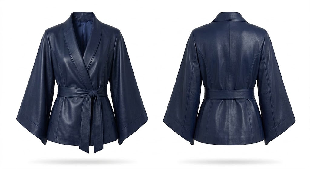 A dark navy blue leather kimono-style jacket shown from both the front and back views against a plain white background.