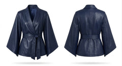 A dark navy blue leather kimono-style jacket shown from both the front and back views against a plain white background.