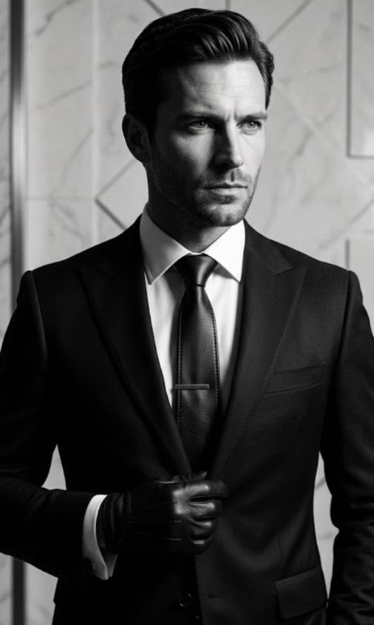 A man in a dark suit, white dress shirt, and dark tie, wearing black gloves and looking off-camera against a light marble wall.