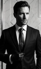 A man in a dark suit, white dress shirt, and dark tie, wearing black gloves and looking off-camera against a light marble wall.
