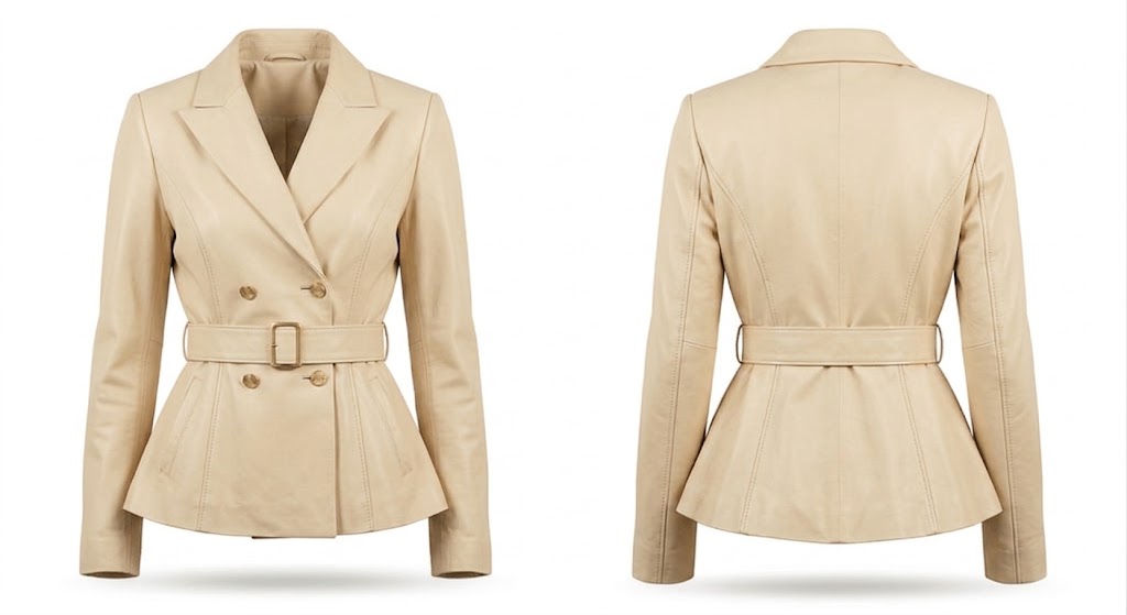 A beige double-breasted belted blazer shown from both the front and back views on a plain white background.