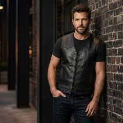Men’s Genuine Leather Lace-Up Vest – Sleeveless Biker Style