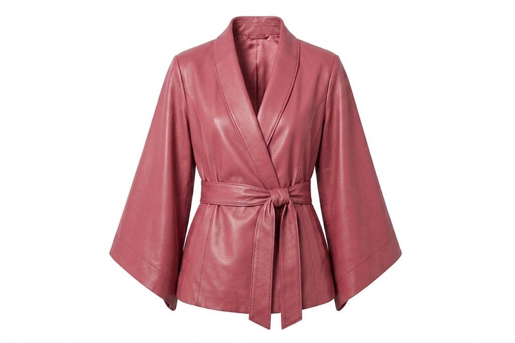 A dusty rose pink leather kimono-style wrap jacket with wide three-quarter sleeves and a matching tie belt, shown on a plain white background.