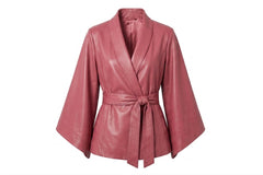 A dusty rose pink leather kimono-style wrap jacket with wide three-quarter sleeves and a matching tie belt, shown on a plain white background.